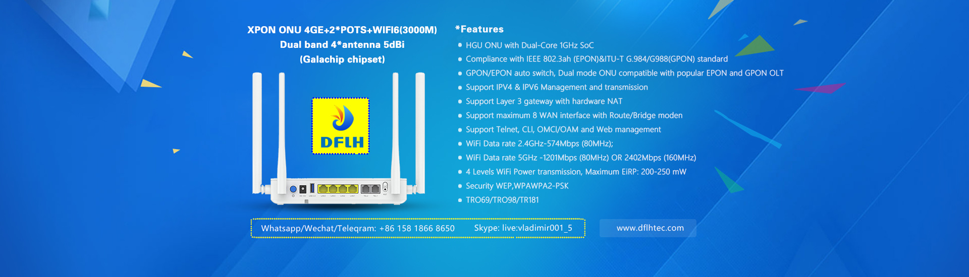 XPON ONU 4*GE+1*POTS+WiFi6 (1800M )  dual band